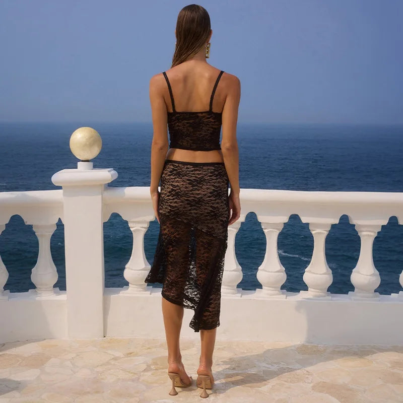 סט תחרה שני חלקים טופ גופיה וחצאית מידי - משי