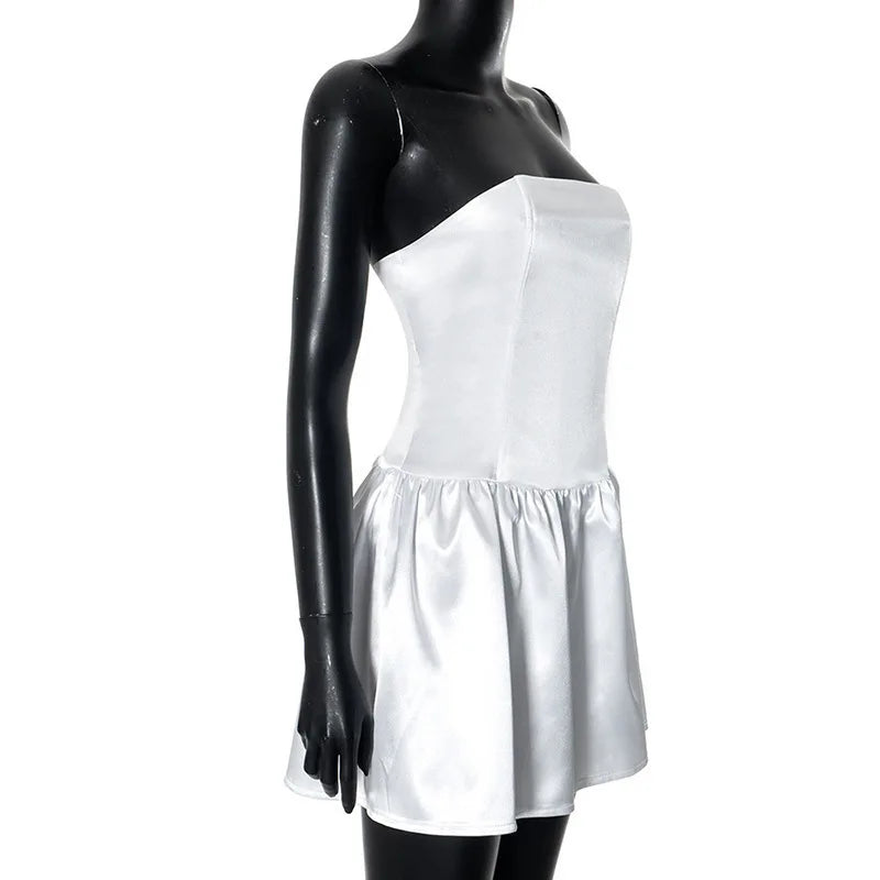 שמלת מיני סטרפלס סאטן קשירות בגב - מילי