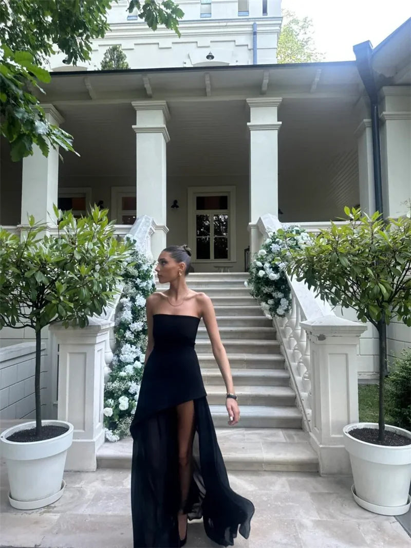 שמלת מקסי סטרפלס חלק תחתון שיפון בעיצוב שסע בעיטור צעיף תואם - Princess