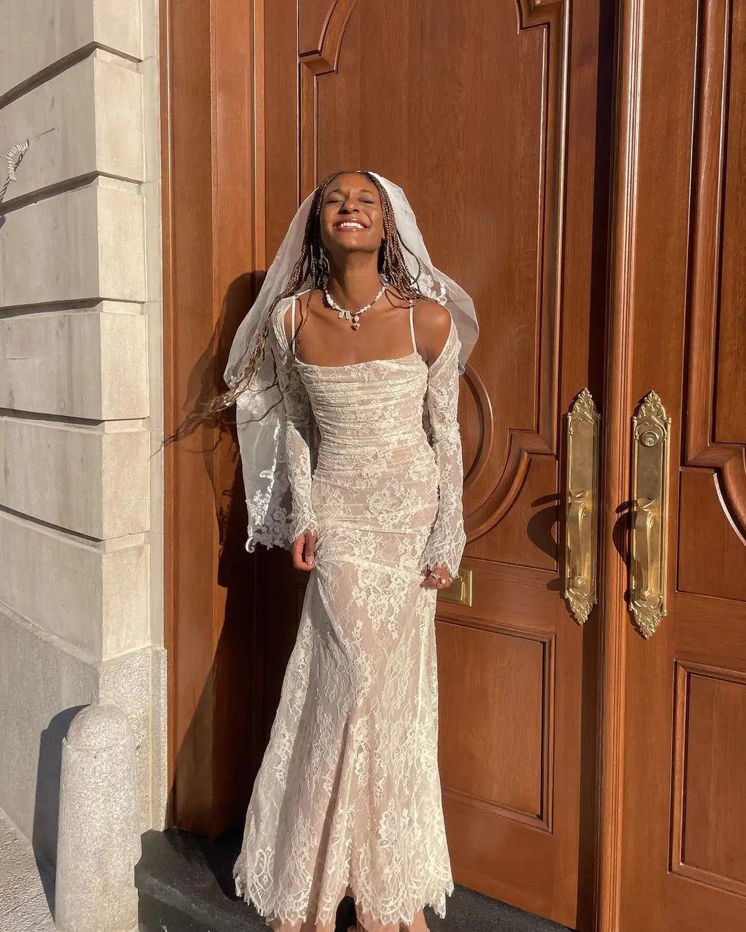 שמלת מקסי אלגנטית תחרה בשילוב עליונית שרוולי תחרה - איליה