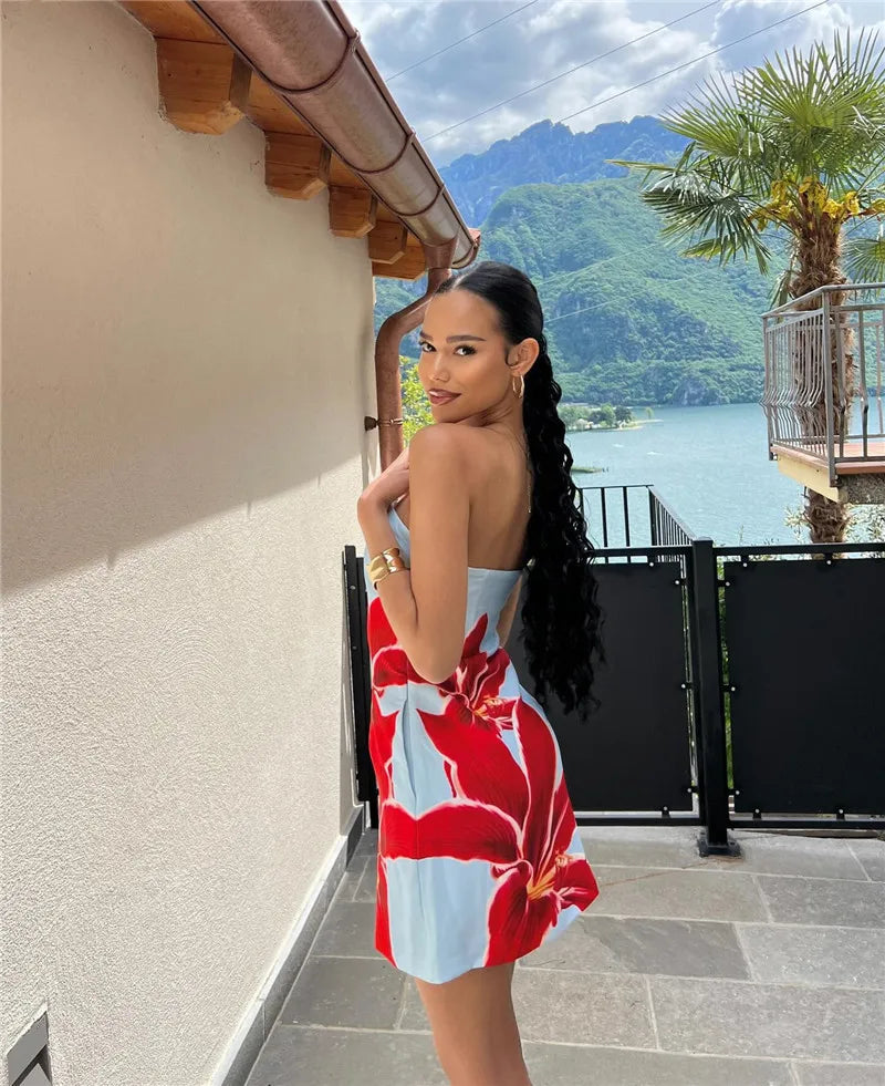 שמלת מיני סטרפלס בעיטור הדפס פרחים - שי לי