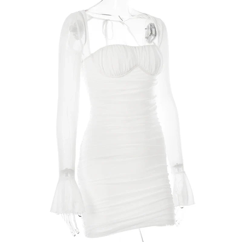 שמלת מיני כיווצים גב פתוח שרוולי רשת - אריאנה