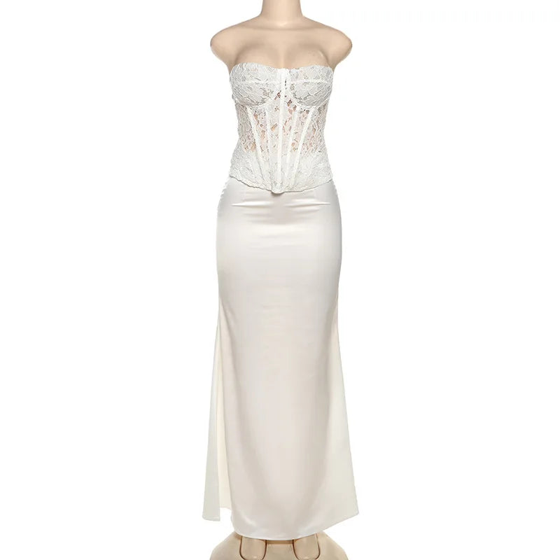 סט שני חלקים חצאית סאטן ומחוך סטרפלס תחרה - אריזונה