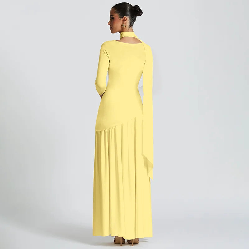 Elegant maxi dress with a slit design and a scarf decoration - RONA LI