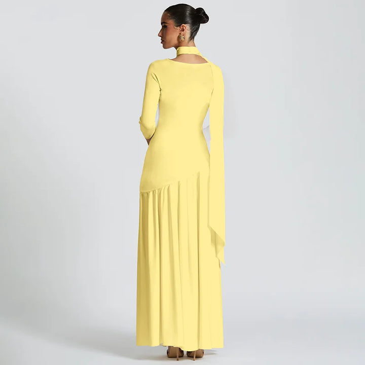 Elegant maxi dress with a slit design and a scarf decoration - RONA LI