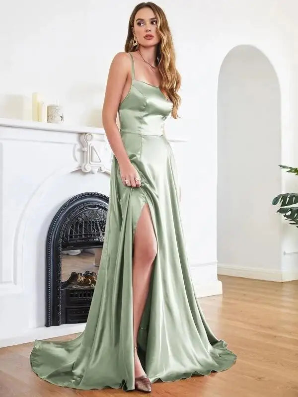 שמלת מקסי סאטן אלגנטית בעיטור שסע בגזרת A קשירה בגב - פרינס