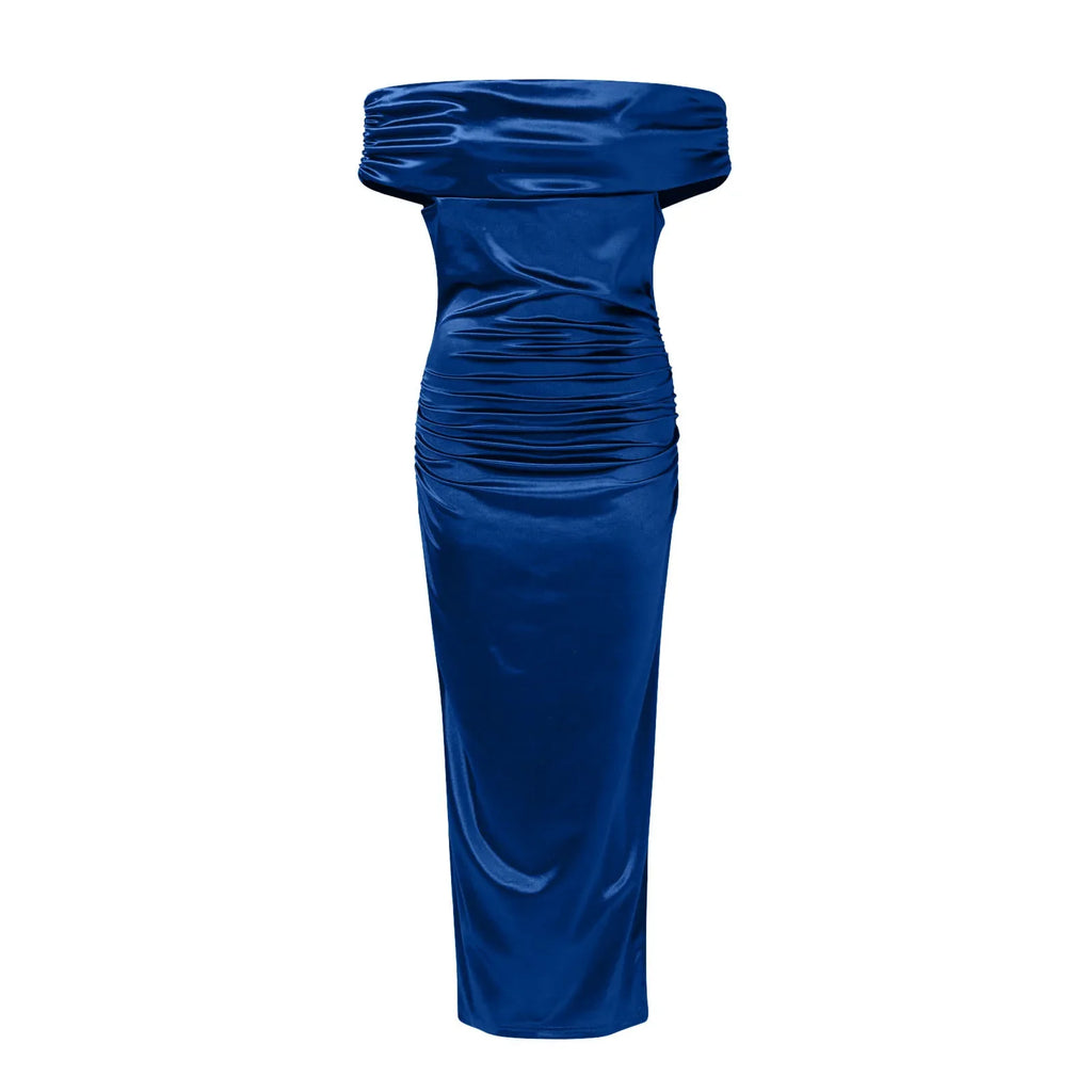 שמלת מקסי סאטן בעיצוב כתפיים חשופות ושסע - Harmoni