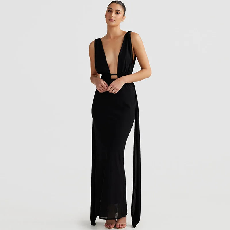 שמלת ערב מקסי גב פתוח מחשוף עמוק - אדלינה