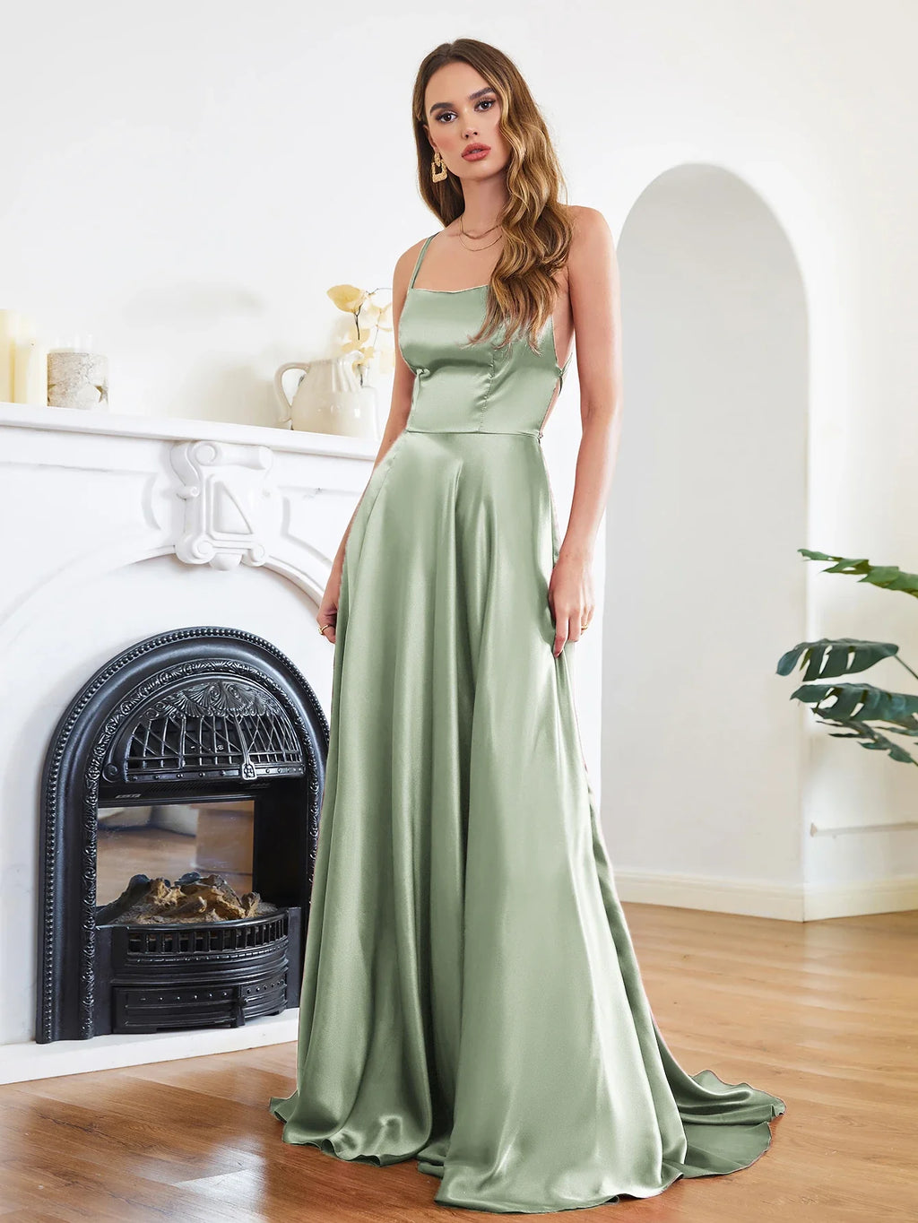 שמלת מקסי סאטן אלגנטית בעיטור שסע בגזרת A קשירה בגב - פרינס