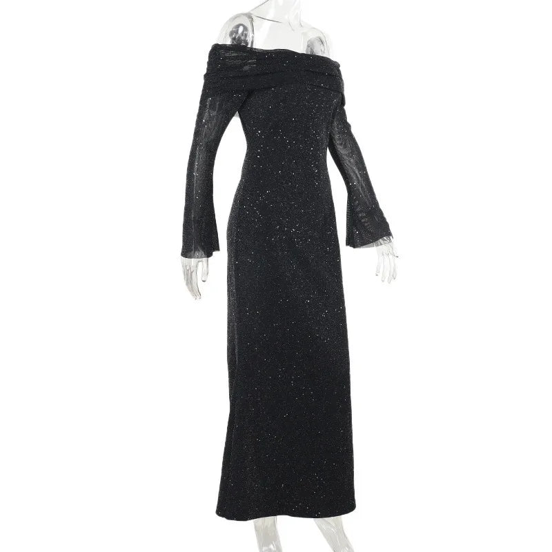 שמלת מקסי נצנצים כתפיים חשופות - שיינה