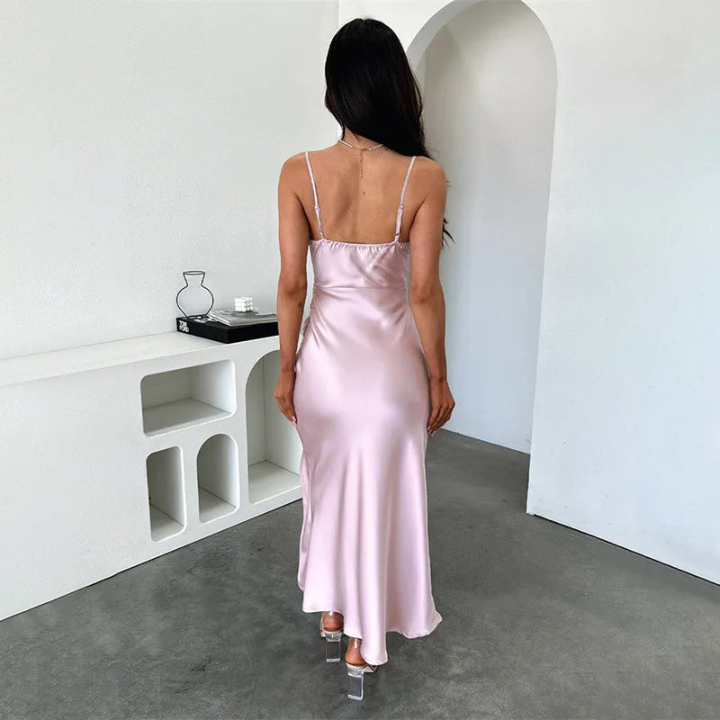 שמלת מקסי סאטן בעיטור שסע - לינדה