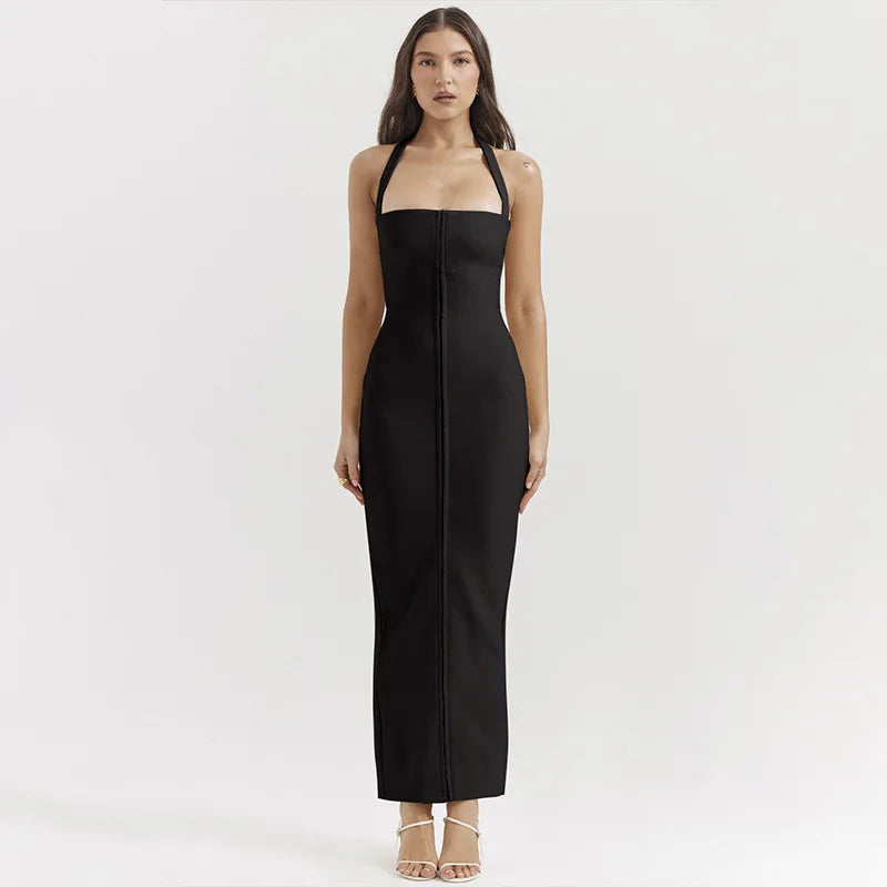 שמלת מקסי צמודה סגירת סיכות גב פתוח - Natasha