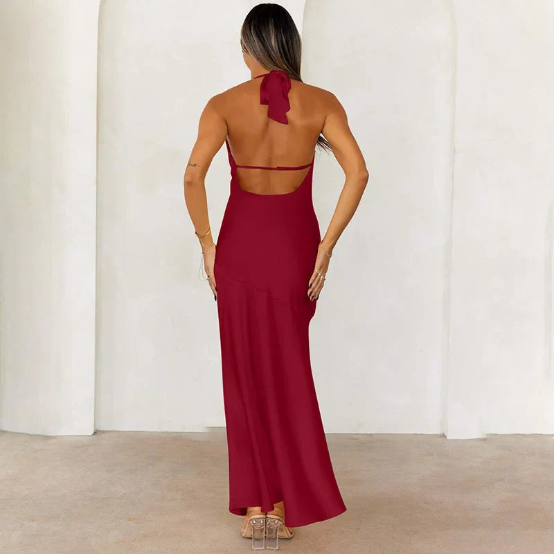 שמלת מקסי קשירה בצוואר גב פתוח בעיצוב שסע בעיטור אבזם - שון