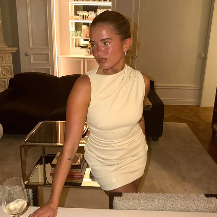 Faux leather mini dress with pleats - SIERA