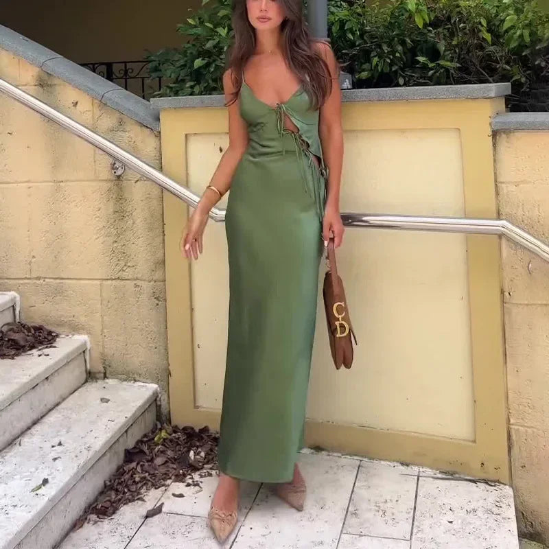 שמלת מקסי סאטן בעיטור קשירות - OLIVIA