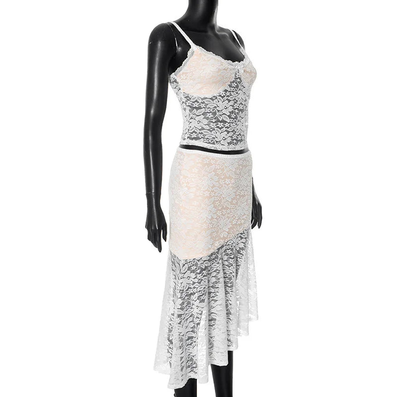 סט תחרה שני חלקים טופ גופיה וחצאית מידי - משי