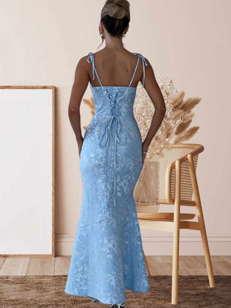 שמלת מקסי בעיצוב קשירה בכתפיות בעיטור רקמת איורי פרחים - לנואלה