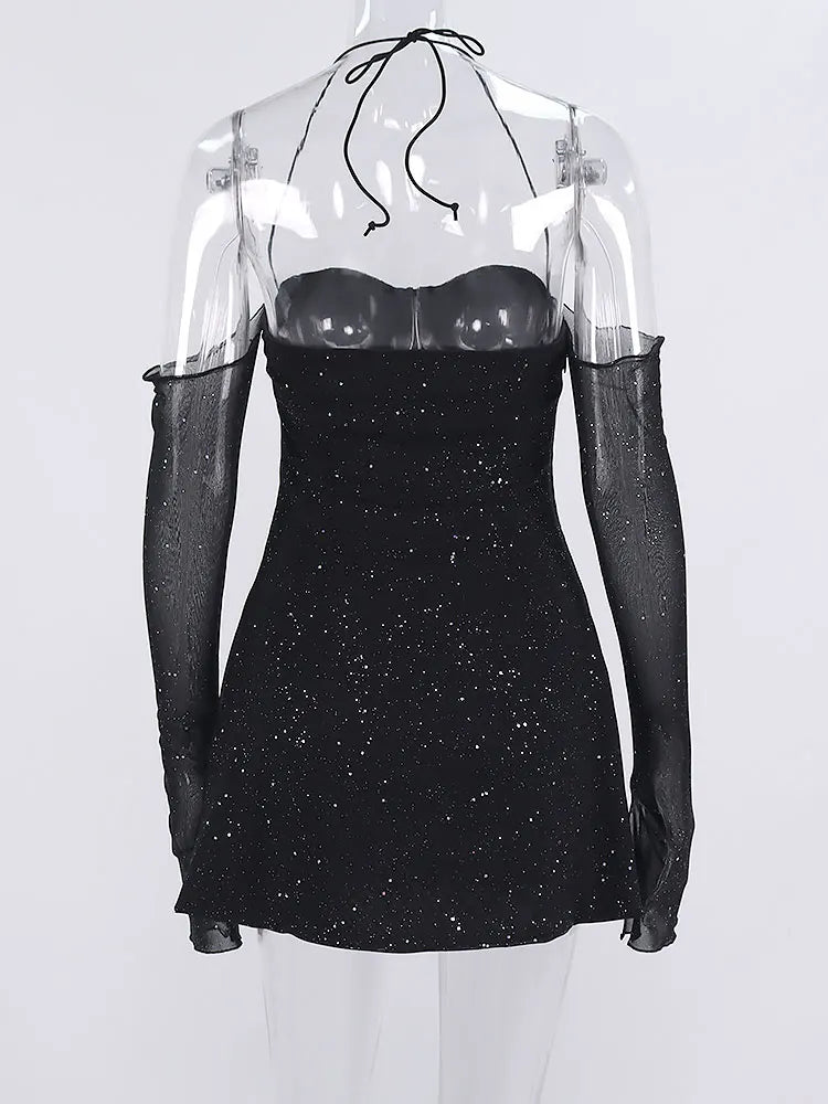 שמלת מיני נצנצים בעיצוב כתפיים חשופות ושרוולי רשת - Barbara