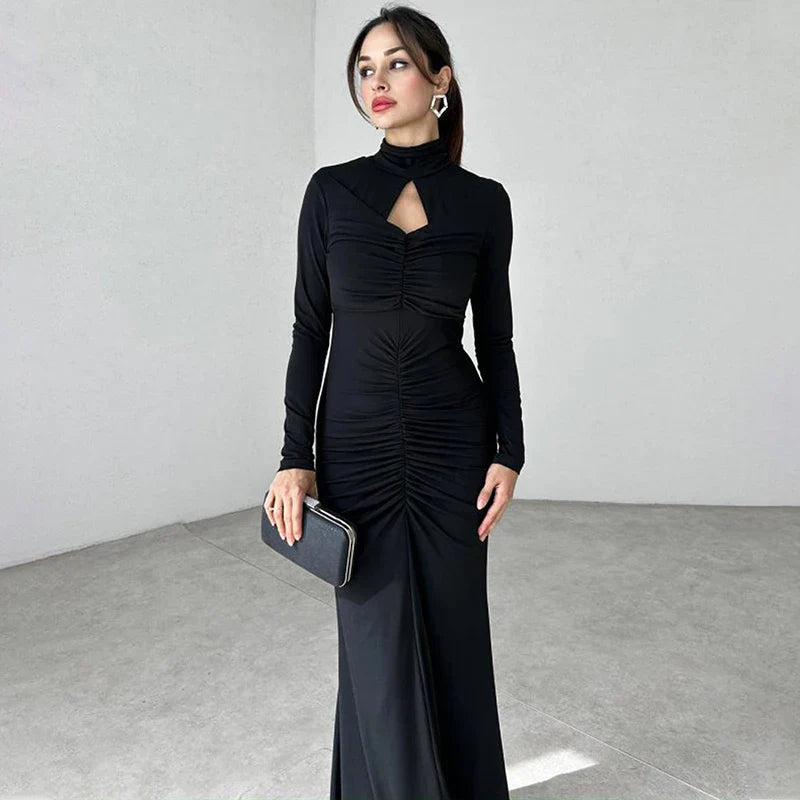 שמלת מקסי צווארון גולף צנועה בעיצוב כיווצים ומלמלה - מלכה