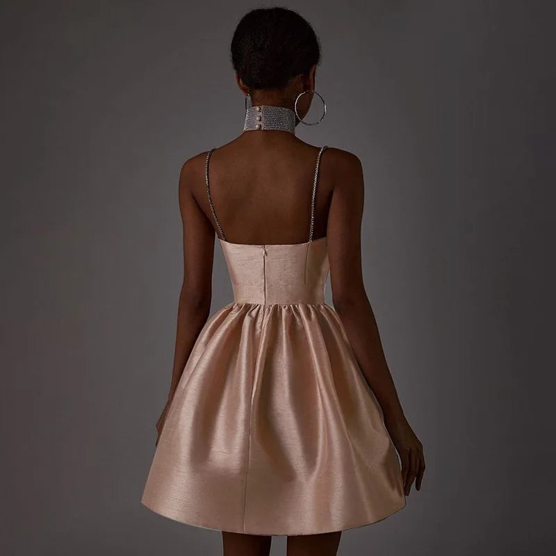 שמלת מיני סאטן בגזרת A כתפיות זרקונים - MIEL