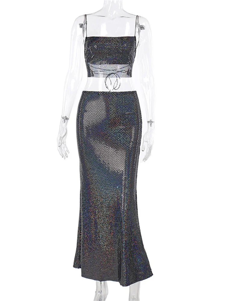 סט שני חלקים חצאית מקסי וטופ בעיטור זרקונים מנצנצים - שייני