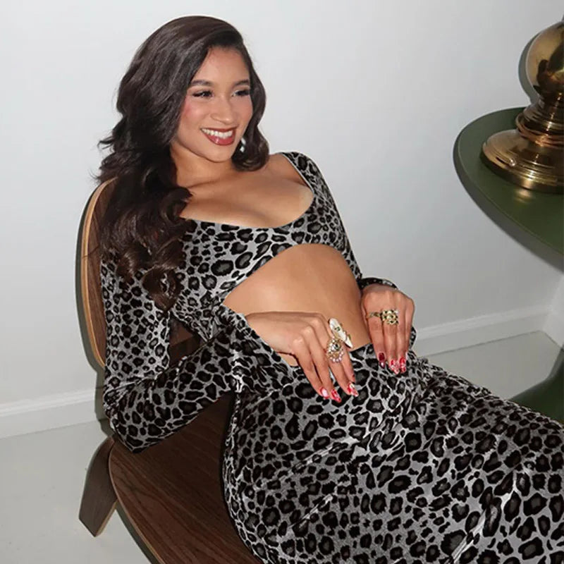 שמלת מקסי קטיפה מנומרת בטן חשופה - פומה