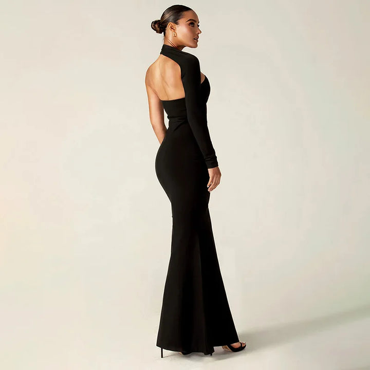 Asymmetrical maxi evening dress with deep slit and one sleeve - Eva