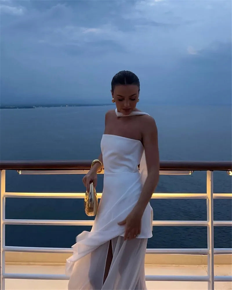 שמלת מקסי סטרפלס חלק תחתון שיפון בעיצוב שסע בעיטור צעיף תואם - Princess