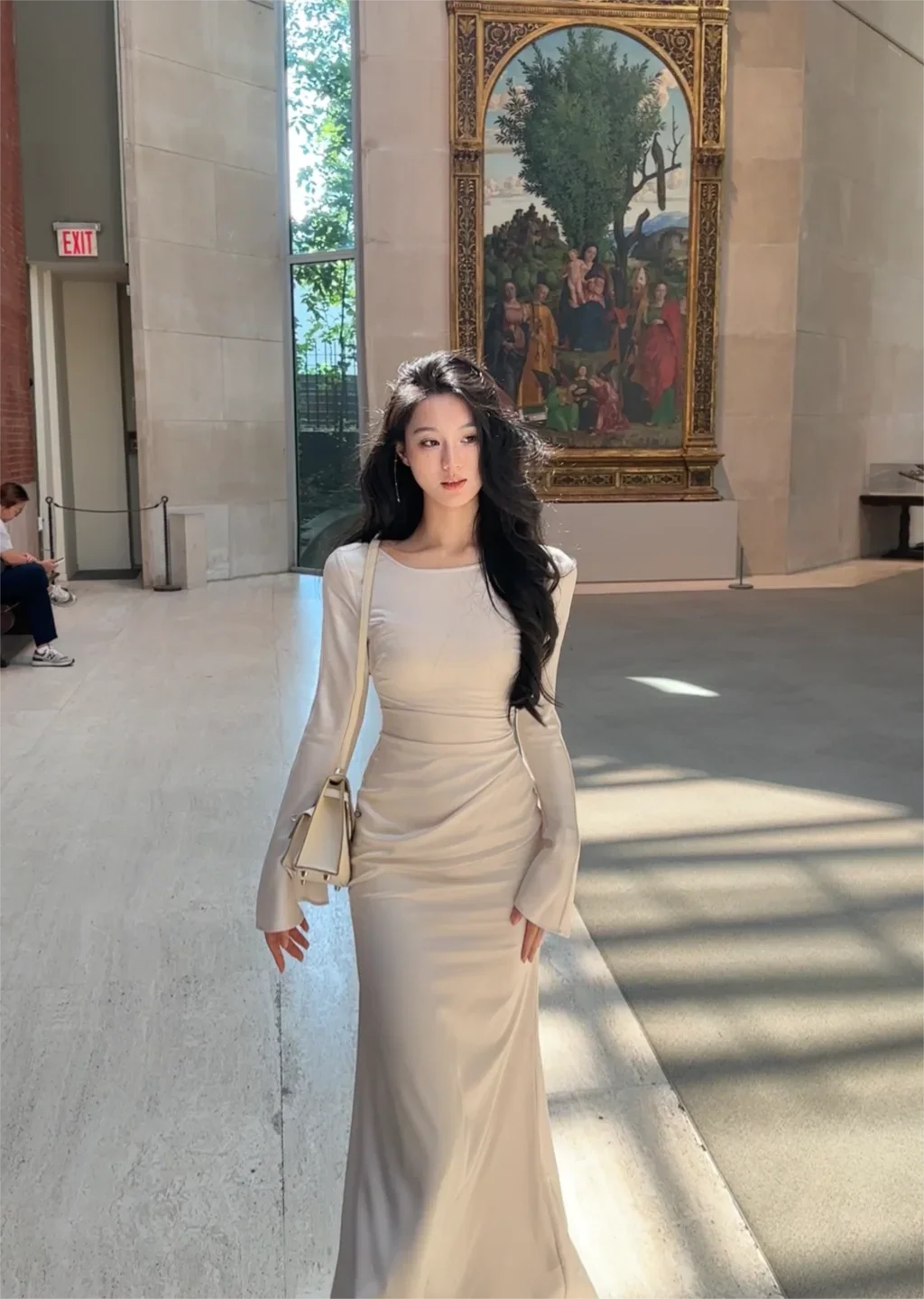 שמלת ערב מקסי סאטן אלגנטית שרוולי פעמון - סהר