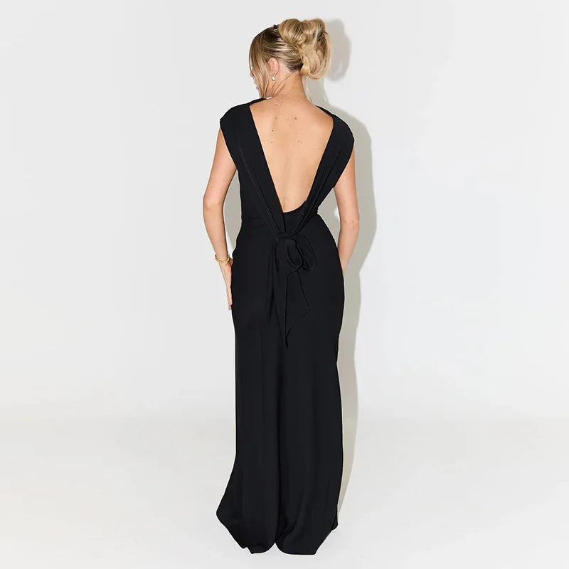 שמלת ערב מקסי אלגנטית גב פתוח בעיטור שובלים - עטרת