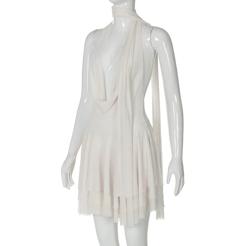 שמלת מיני שיפון מלמלה גב פתוח צווארון נופל בעיטור צעיף תואם -  Lexi