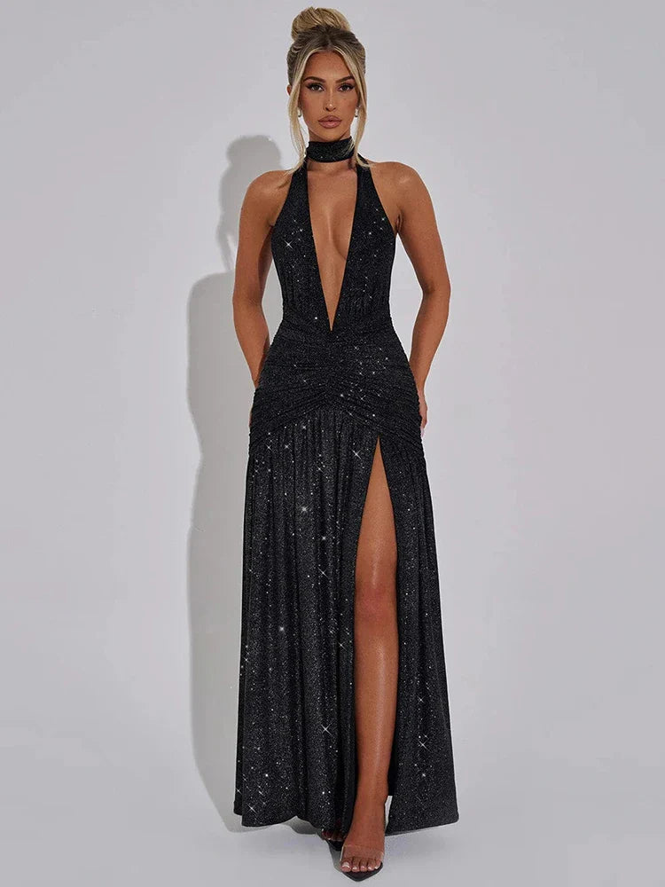 שמלת מקסי נצנצים בעיצוב שסע מחשוף V עמוק גב חשוף קשירה בצוואר - Emery