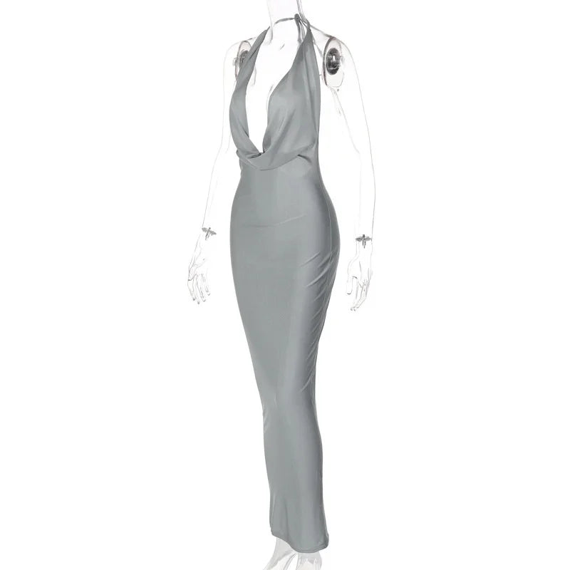 שמלת מקסי סאטן צווארון נופל גב פתוח - HOTIE