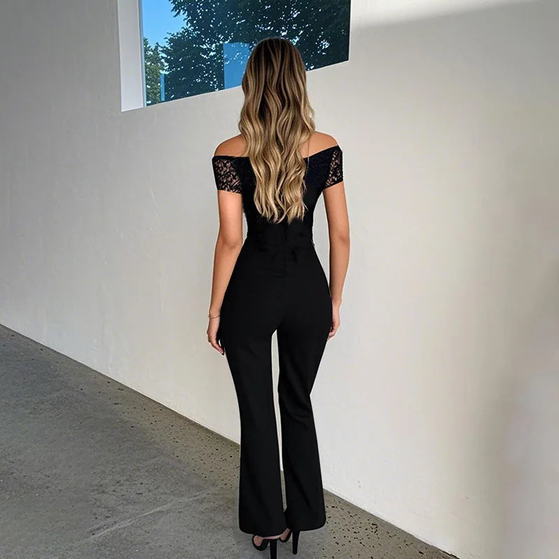 אוברול ארוך בעיצוב פתח וכתפיים חשופות בעיטור תחרה ניטים - קרוליין