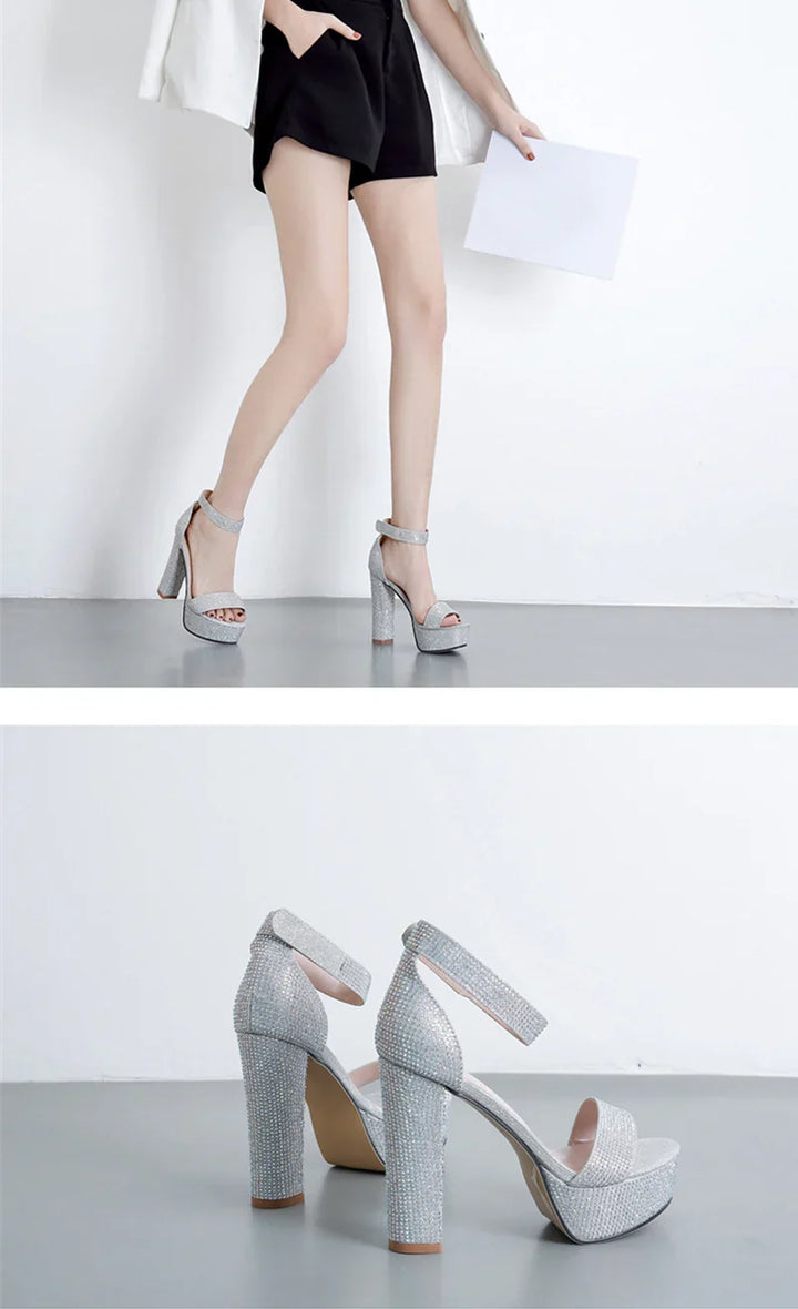 Platform Heel Sandals with Sparkling Sequin Decoration - Avril
