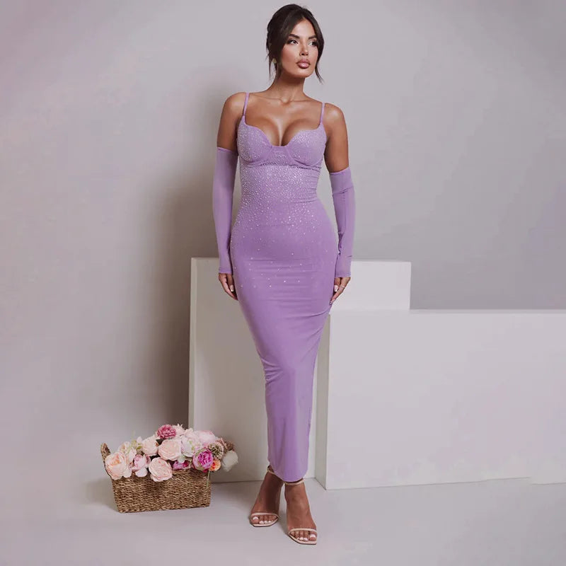 שמלת מידי צמודה בד מחטב בעיטור זרקונים מנצנצים ושרוולונים - Bridget