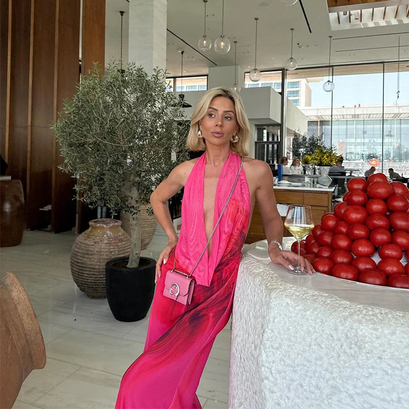 שמלת מקסי מחשוף עמוק צווארון נופל - פולה