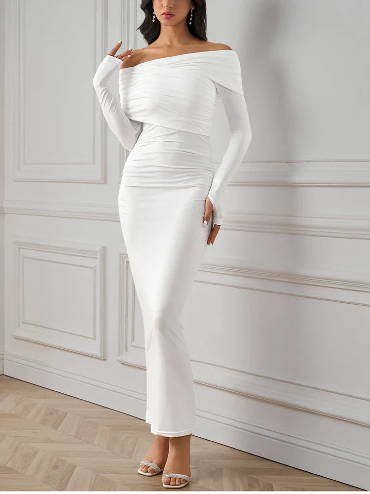 שמלת מקסי כיווצים בעיצוב כתף חשופה - שראלה