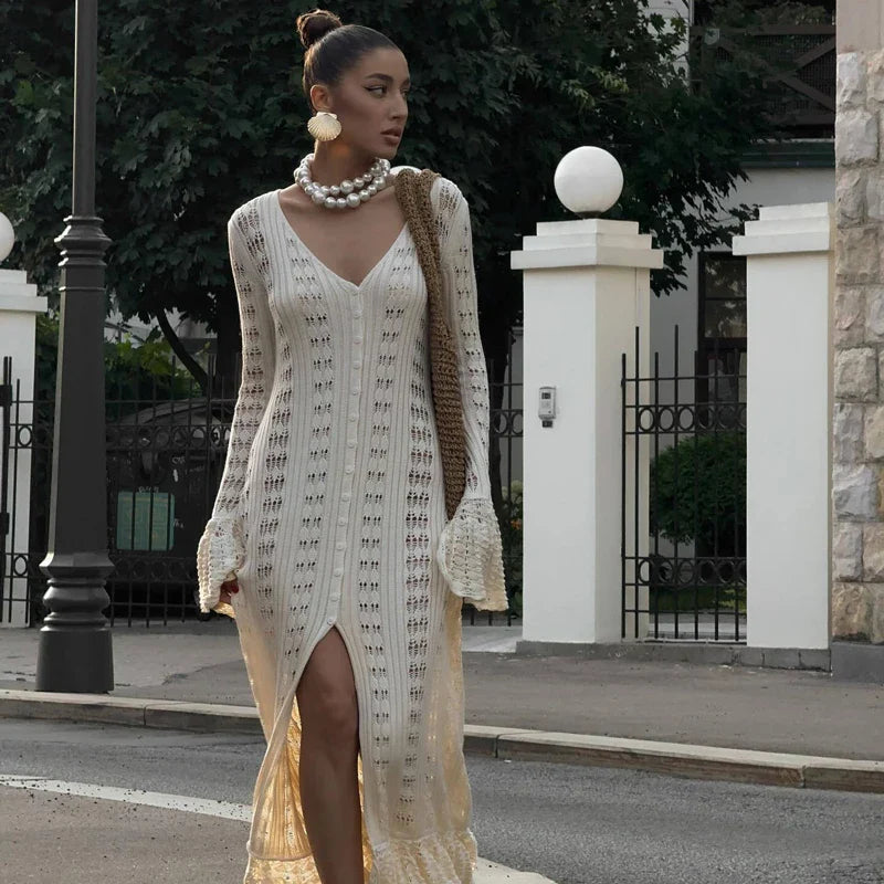 שמלת / עליונית מקסי קרושה סרוגה סגירת כפתורים - דוון