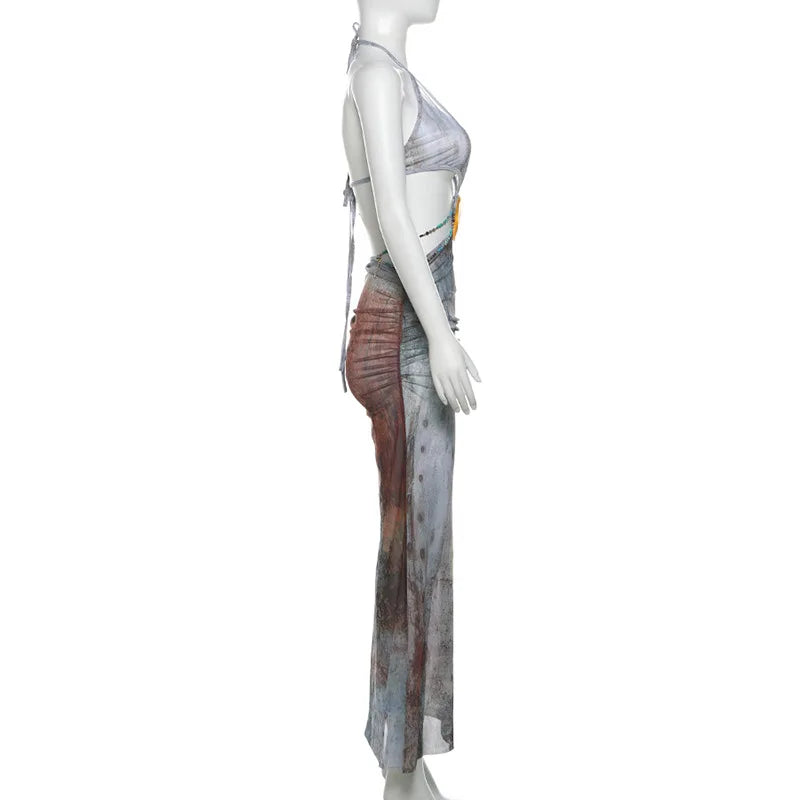 שמלת מקסי שיפון בעיטור שרשראות חרוזים וצדפת זהב - פלישיה