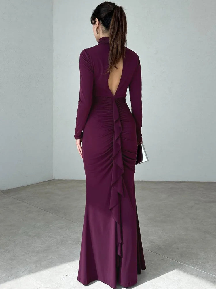 שמלת מקסי צווארון גולף צנועה בעיצוב כיווצים ומלמלה - מלכה