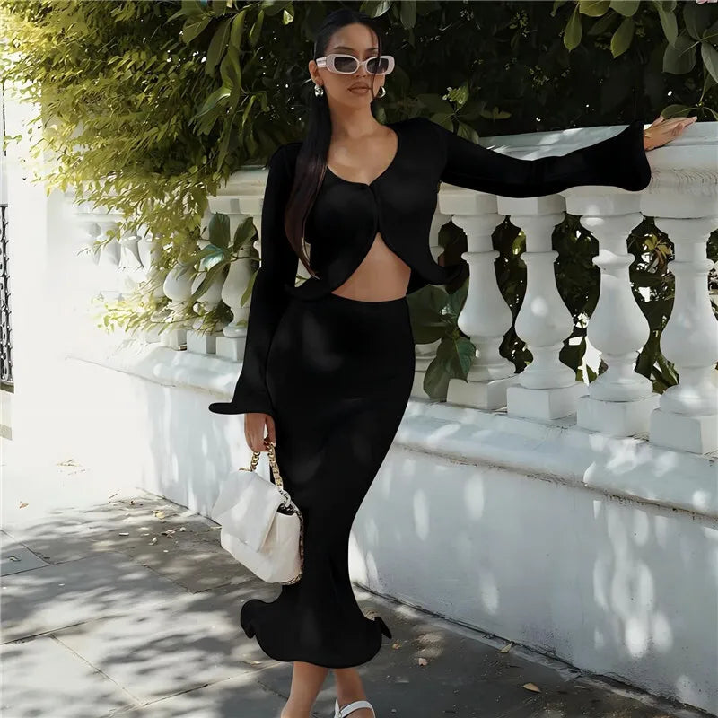 סט שני חלקים סרוג חולצה בסגירת כפתורים וחצאית מקסי - PARIS