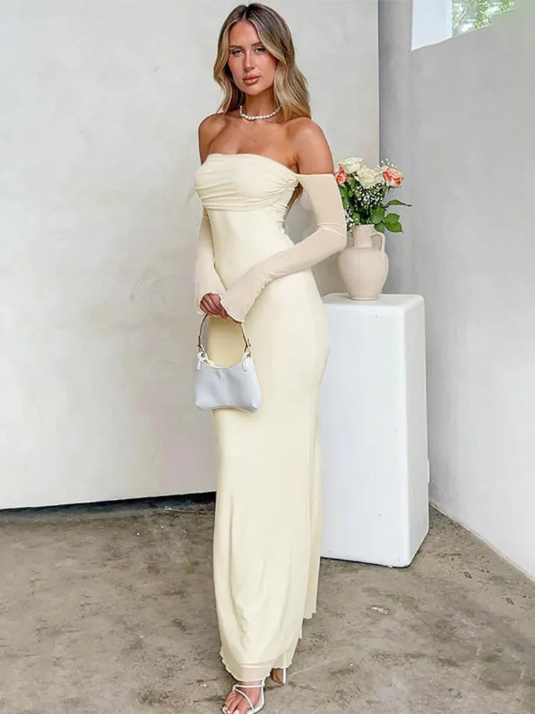 שמלת מקסי כתפיים חשופות שרוולי שיפון פעמון - YANA