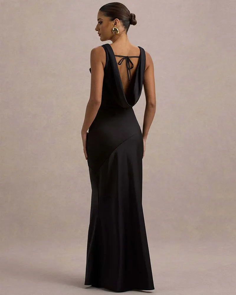 שמלת מקסי סאטן בעיצוב צווארון נופל וגב פתוח - אלקסיס