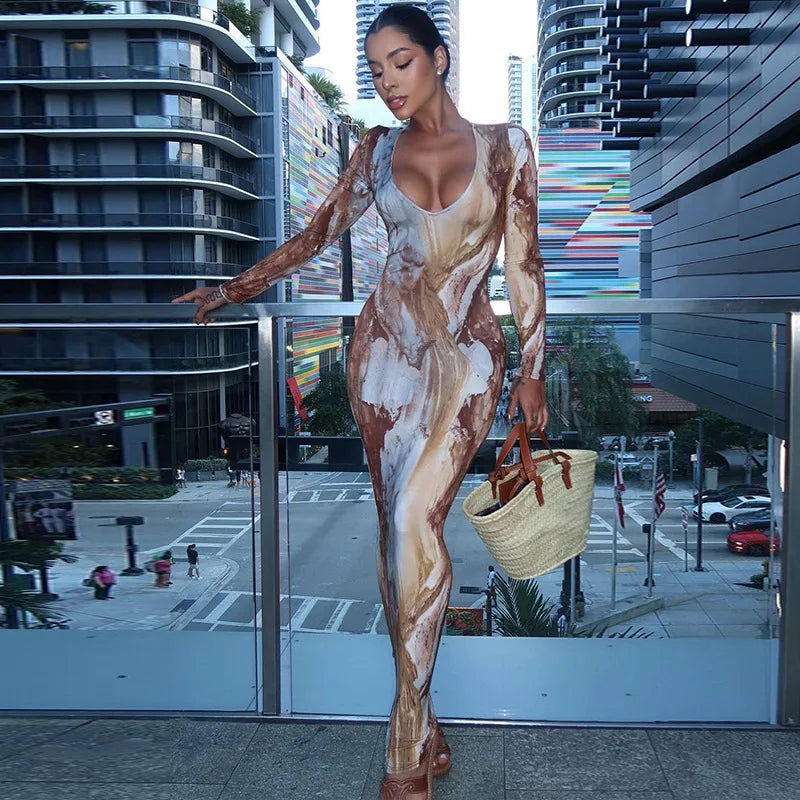 שמלת מקסי צמודה בהדפס מיוחד - סטורם