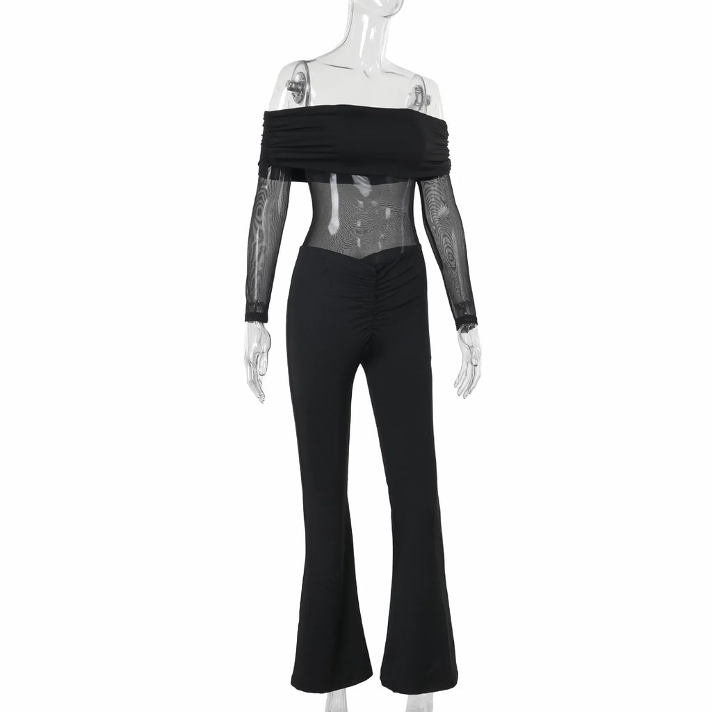 אוברול בד מחטב בעיצוב רשת וכתפיים חשופות מכנסי פדלפון - מאיה לי