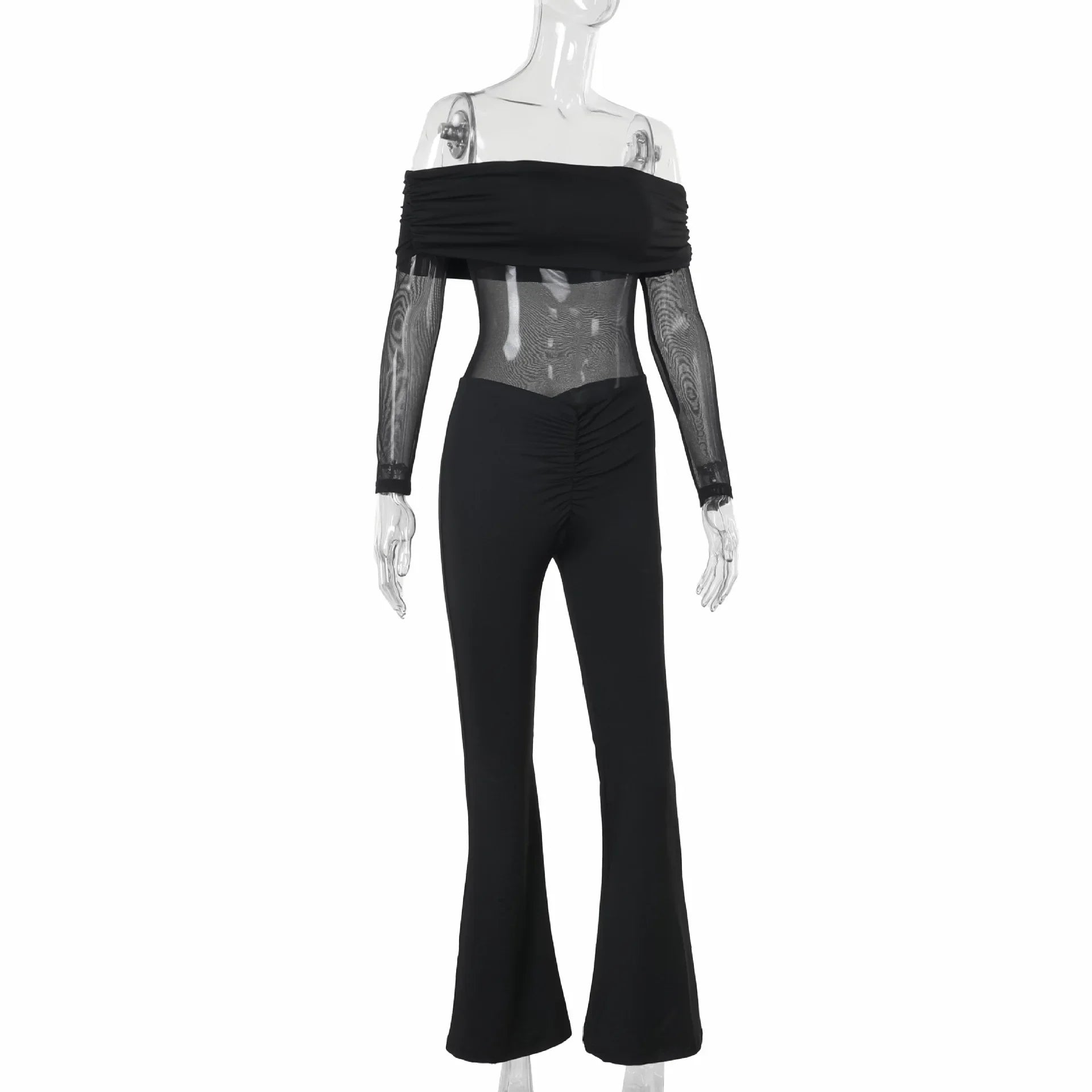 אוברול בד מחטב בעיצוב רשת וכתפיים חשופות מכנסי פדלפון - מאיה לי