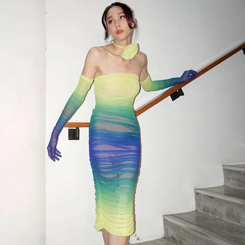 שמלת מידי צבעונית כתפיים חשופות - מרי