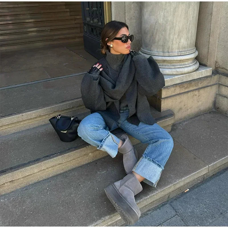 מעיל צמר מחויט בעיטור צעיף תואם - ג'ו