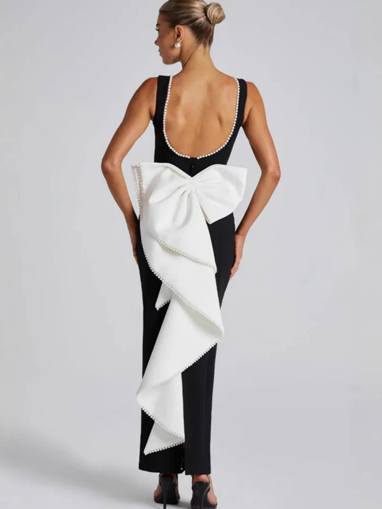 שמלת מקסי אלגנטית גב פתוח בעיטור פפיון ופנינים  - אלברטה